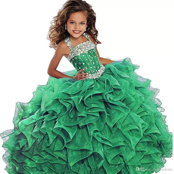 Abito da spettacolo per ragazze verde smeraldo Abito da ballo Lungo turchese Organza Cristalli Abiti da festa di compleanno per ragazze di fiori increspati per Junior282v