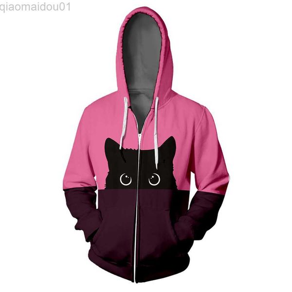 Erkek Hoodies Sweatshirts Kara Kedi Fermuarı Hoodie Hip Hop Pembe Mor SPLICE RENK KADIN 3D Kapüşonlu Bluza Damska KEDİ FERİ