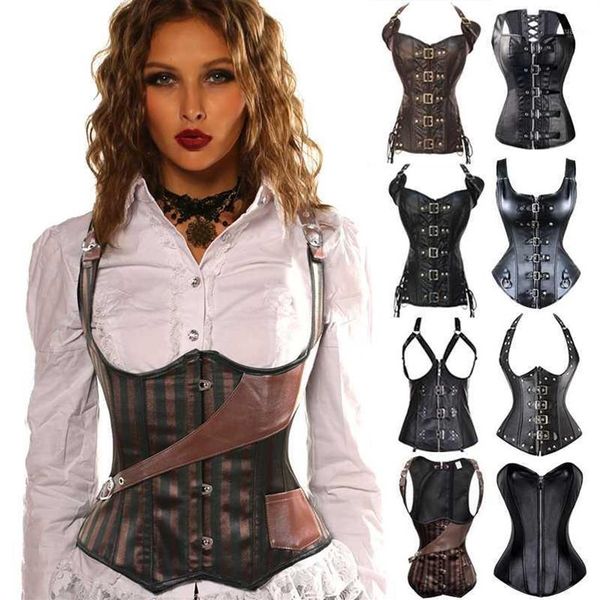 Steampunk korse üst kadınlar korse seksi büstiyer gotik korselet aşırı deri budier bel eğitmeni artı 6xl çelik boned11990