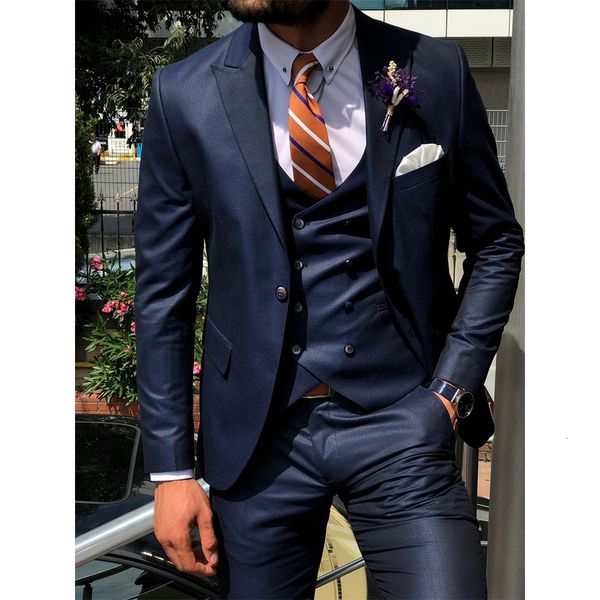 Abiti da uomo Blazer Blu scuro Slim Uomo Fashion Suit Cutsom 3 pezzi Sposo Prom Wedding Tailor Made Tuxedo con pantaloni 230720