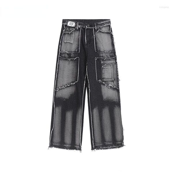 Jeans masculino 2023 marca da moda, design de nicho, roupas de trabalho para ajuste solto, tubo reto, borda áspera, calças largas, lavadas