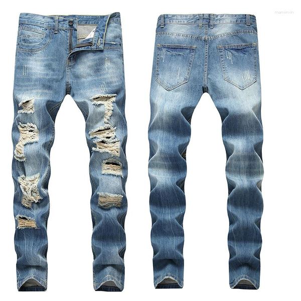 Jeans da uomo Denim Promozione Alta qualità Lavato Young Everyday Street Hole Rovinato Strappato Bottone azzurro dritto