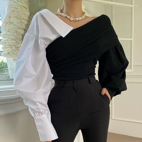 Magliette da donna 2023 Fashion Off Shoulder Top Casual Splicing Donna Sexy Top Lady Beautiful Nice Woman Magliette Donna OL Streetwear BAt184