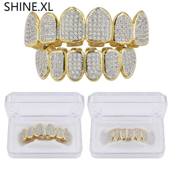 Banhado a ouro e prata Hip Hop Dentes de Vampiro Grillz Top e Bottom Iced Out Micro Pave CZ Stone Bling Body Jewelry288d