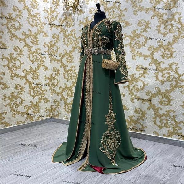 Kaftan marroquino Caftan muçulmano vestidos de noite caçador verde com decote em V mangas compridas apliques Dubai árabe Turquia Abaya baile islâmico Go226P