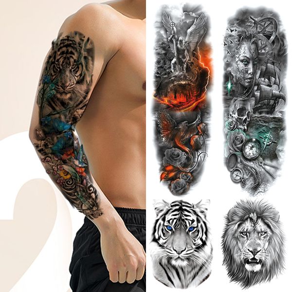 Grande manica del braccio tatuaggio temporaneo impermeabile totem lupo re leone aquila orso body art adesivi tatuaggio finto uomo donna