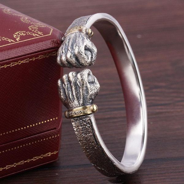Bangle Power In Hand Bracciale in argento da uomo 999 Personality Retro Solid Open Fist Cuff Jewelry Gift 230721