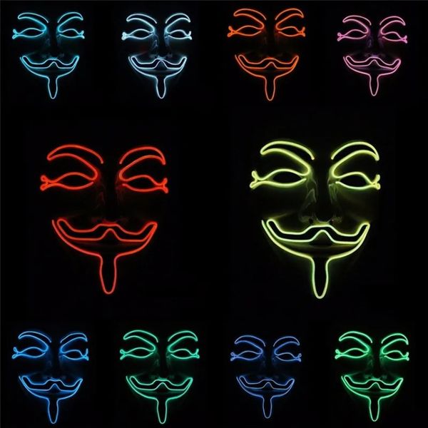 Venda imperdível Máscara de LED de Halloween Iluminada Máscaras engraçadas Vendetta Máscara de arame Flashing Cosplay Costume Máscara anônima para brilhar no escuro DHL grátis G0721