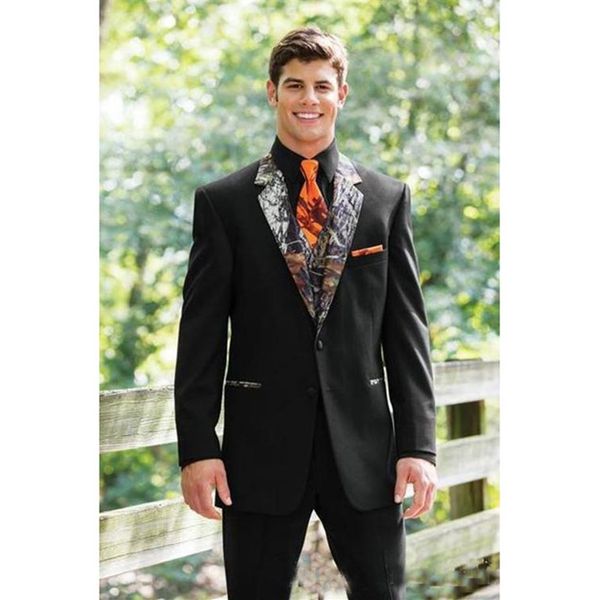 Siyah damat iki düğmeli çentikli yaka sağdıçları takım elbise erkekler düğün country kamuflaj smokin ceket pantolon yeleği 233a