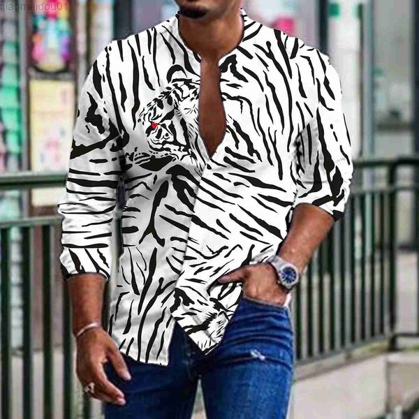 Camisas Casuais Masculinas Novas Camisas Masculinas Tigre Animal Tie Dye Impressão Casual Masculina Camisa de Manga Longa Cardigã Masculino Primavera Verão Roupa Solta Vintage L230721