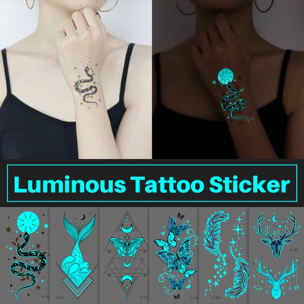 Adesivo per tatuaggio luminoso blu Foresta Luna Serpente luminoso Impermeabile Tatuaggio temporaneo da polso Tatuaggio finto per body art Donna Uomo