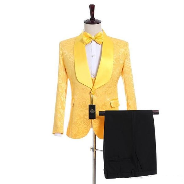 Real Po Yellow Paisley Groom Tuxedos Mens Prom Dress Party Suits Coat Waistcoat Trousers Set Jacket Pants Vest Bow Tie K206271k