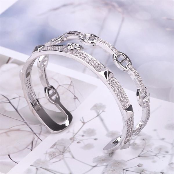 Luxus Mode Marke Schmuck Dame Messing Doppel Reihen Einstellung Diamant Quadrat Niete H Buchstabe 18 Karat Gold Engagement Offene Armbänder Ring 280a