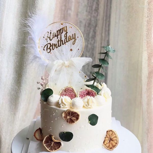 Forniture per feste Decorazione torta di buon compleanno Ornamenti Cuore tondo Perla Piuma Maglia Topper Ragazze Cottura