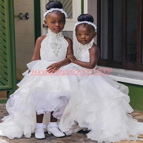 Mode High Low Perlen Blumen Mädchen Kleider Ball Mädchen Organza Party Baby Geburtstag Kleider Kleinkind Kinder Formale Ball Erstkommunion 256l