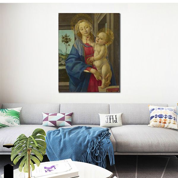 Arte Religiosa Sandro Botticelli Dipinto La Vergine col Bambino con Melograno Dipinto a Mano Opera d'Arte Classica Decorazioni per la casa