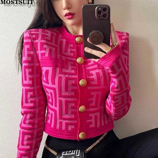 New Autumn Letter Jacquard Knit Cardigan Maglione Donna Bottoni dorati Streetwear Vintage Slim Jacket Manica lunga O-Collo Top Cappotti L230619