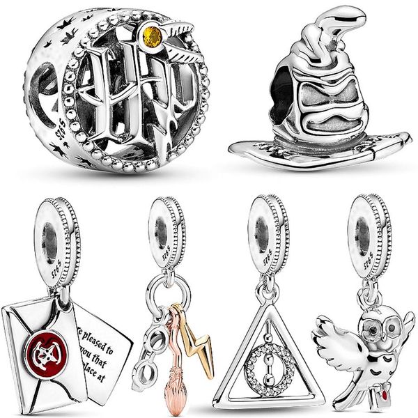 100 % 925er Sterlingsilber, Harry-Hedwig-Eulen-Charm, Heiligtümer des Todes, baumelnde Perlen, passend für Original-Pandora-Armband, Damenschmuck, Anhänger 190O