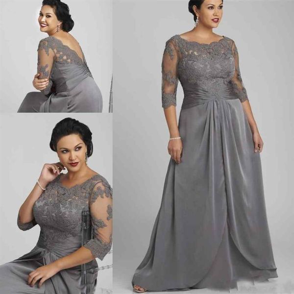 2020 Plus Size Cinza Prateado Mãe Off Vestidos de Noiva Apliques de Renda Ilusão Ruched Sem Costas Varredura Coluna Trem Convidado de Casamento Eveni282H