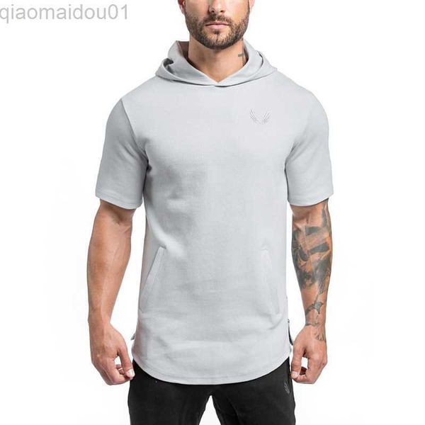 Männer Hoodies Sweatshirts Herren Marke Gym Kleidung Bodybuilding Kurzarm Mit Kapuze Baumwolle Hoodies Weste Fitness Pullover Workout Sportswear Tops Männlich L230721