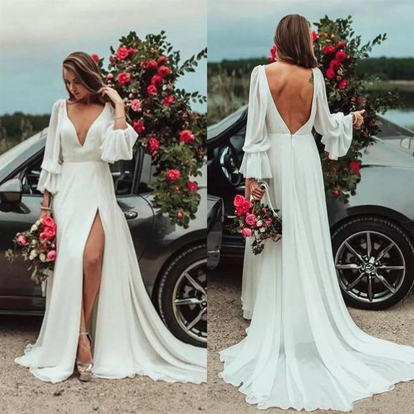 Boho Beach Abito da sposa aperto indietro scollo a V fessura alta lungo elegante design semplice abiti da sposa bohémien Vestido De Noiva Custom Size246S