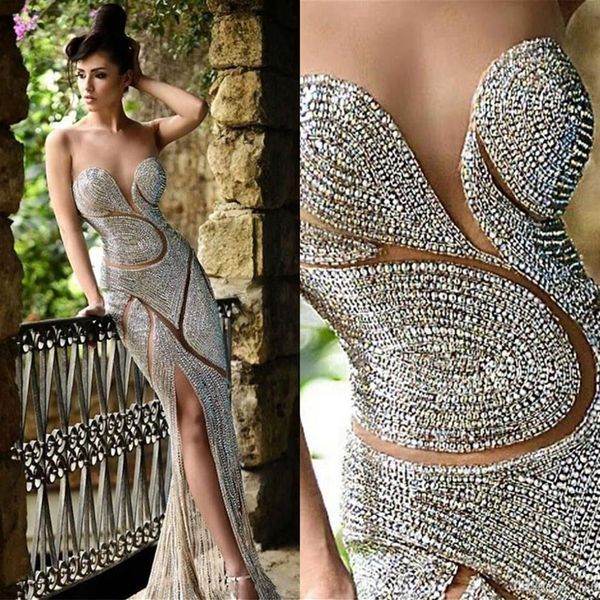 Luxe Rami Salamoun Robes De Soirée Bijoux Strass Dos Nu Sirène Robes De Bal Sheer Neck Sans Manches 100% Real Pos Pagea292I