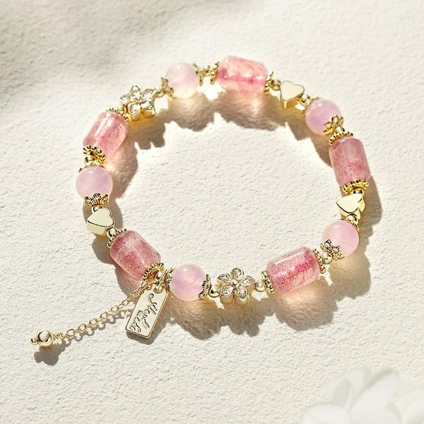 Küchenarmaturen Süßes Erdbeer-Kristall-Pfirsichblüten-Rosa-Kleines „Liebe auf den ersten Blick“-Armband für Mädchen im College-Stil