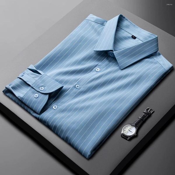 Мужские платья рубашки бренд одежда весенняя мужчина бизнес -повседневная рубашка мода вертикальная полоса Slim Fit Fort Formal Licebedos 3xl