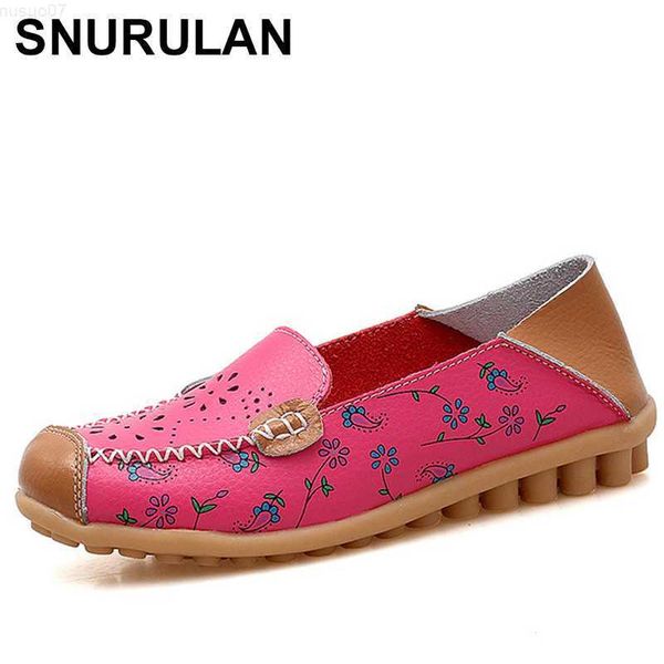 Sapatos formais SNURULAN Nova Moda 2018 Verão Flor Estampada Feminina Apliques Sapatos de Couro Genuíno Mulher Plana Flexível Ervilhas Mocassins E415 L230721