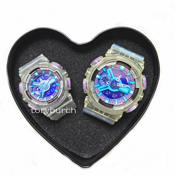 2021 Lover couple watch moda transparente série relógio de pulso à prova d'água Sport exibição dupla GMT Digital LED reloj hombre Army Mili268o