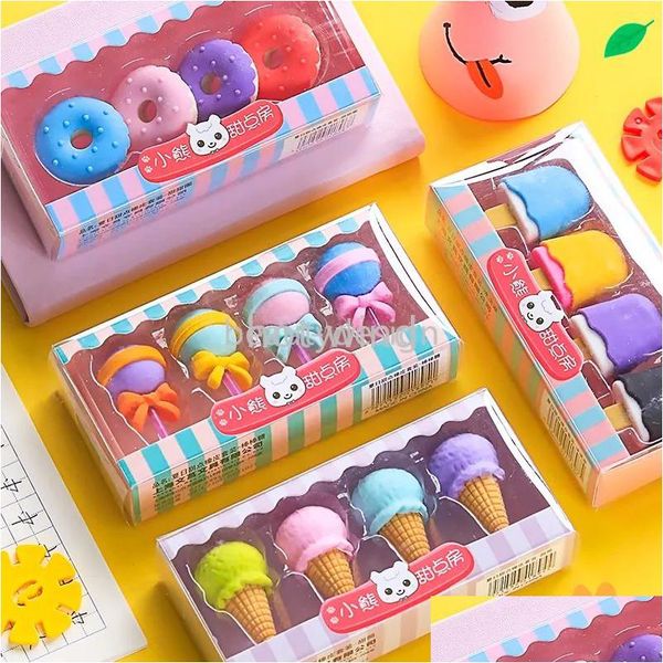 Partybevorzugung Dhs 4-teiliges leckeres Dessert-Radiergummi-Set Mini-Lollipop-Eis-Eis am Stiel Donuts Gummi-Bleistift-Radiergummi für Kinder Schule Studenten A Dh73E