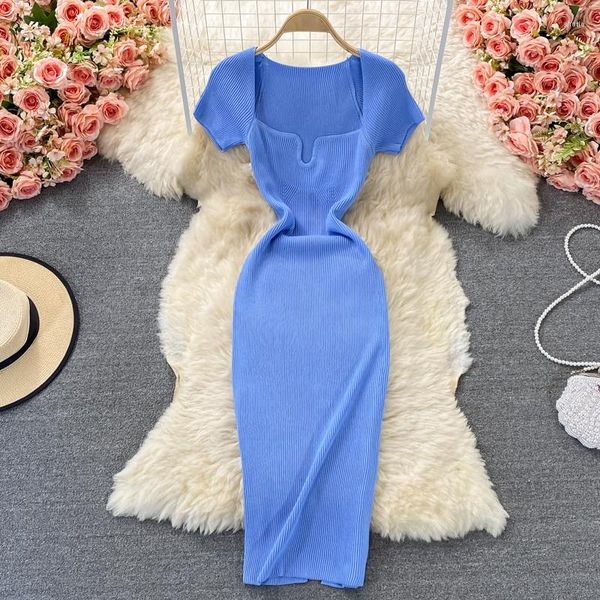 Vestidos Casuais Verão Y2K Knit Maxi Dress Para Mulheres Gola Quadrada Manga Curta Cintura Alta Bodycone Hip Renda 113403