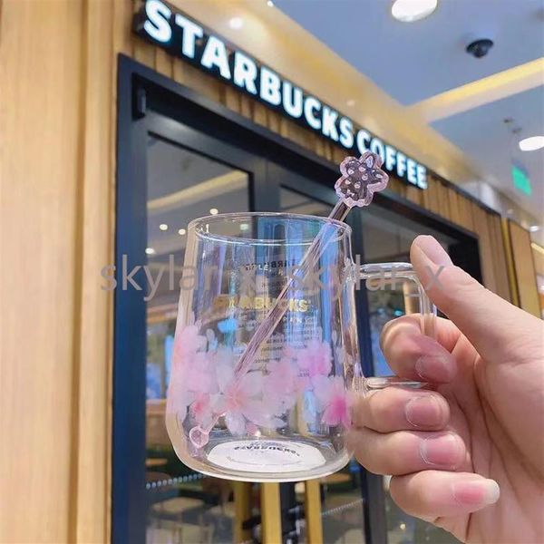 300 ml Starbucks Laser Sakura Tassen Rosa Kaffee-Wasser-Tasse mit Rührstab Große Kapazität Gutes Geschenkprodukt227S