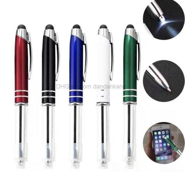 Caneta Stylus 3 em 1 Lanterna LED Torch Screen Touch Screen Caneta esferográfica capacitiva para iPhone Ipad Canetas esferográficas de metal brilhante Tochas médicas festival presente para crianças