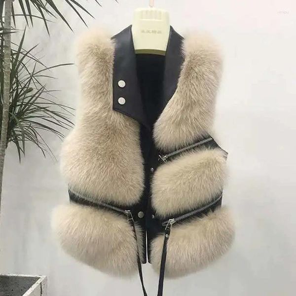 Frauen Pelz 2023 Herbst Winter Faux Weste Frauen Solide Revers Ärmellose Pu Leder Jacken Lose Warme Multi-zip Dekoration mantel