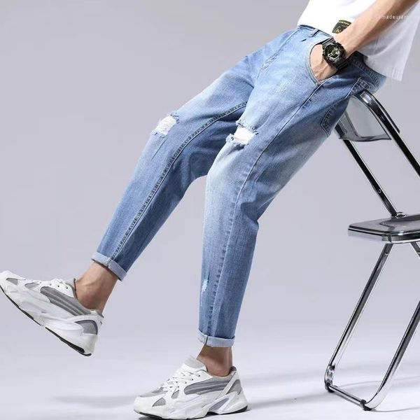 Herren-Jeans, Sommer, schmale Leggings, lässig, locker sitzend, weit, Übergröße, hellfarbenes Loch, amerikanische High-Street-Hose