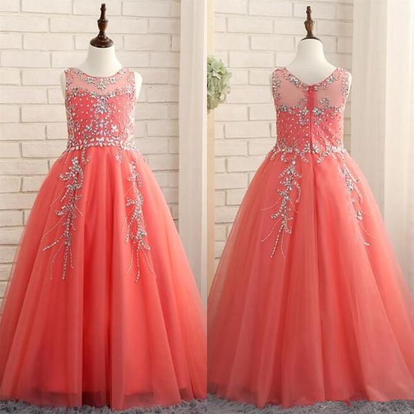 Coral Girls Pageant Dresses Crystals Beadings Sparkly Tulle A Line Comprimento até o chão Vestido de festa de aniversário Flor Girl Custom Made2022