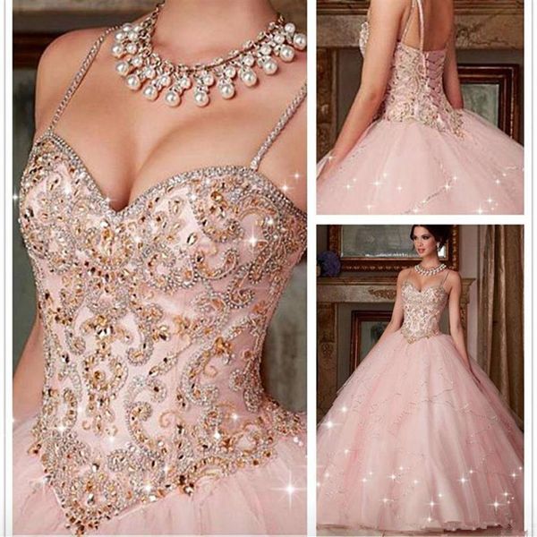 Сделано новое платье Quinceanera 2022 Розовое хрустальное платье с шариками сладкое 16 платье для вечеринки для вечеринки младшие vestidos de 15 anos242q