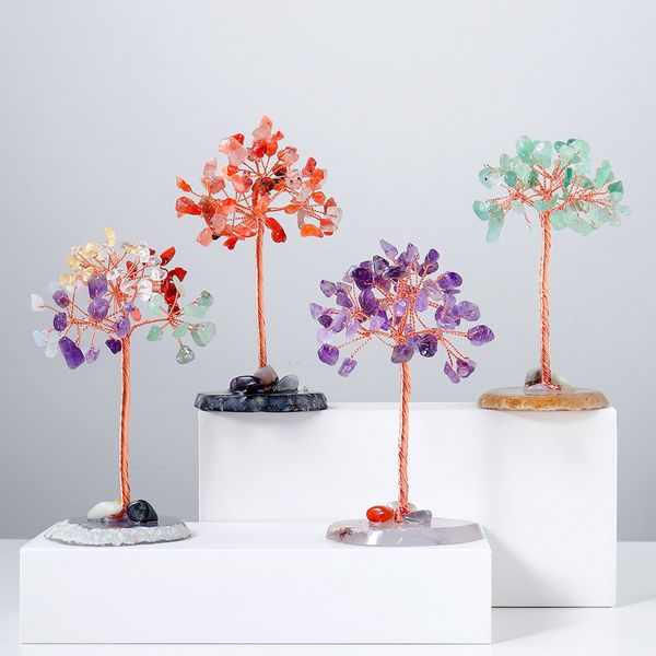 Super Mini Crystal Money Tree Filo di rame avvolto con agata Slice Base Healing Gemstone Yoga Feng Shui Trees Home Decor