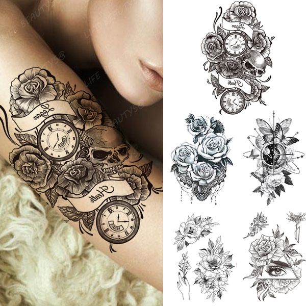 Schwarze Blume Schädel wasserdicht temporäre Tattoo Frauen Schönheit Hand Uhr Kompass Mode gefälschte Tattoos Arm Kunst Ärmel Aufkleber Mädchen