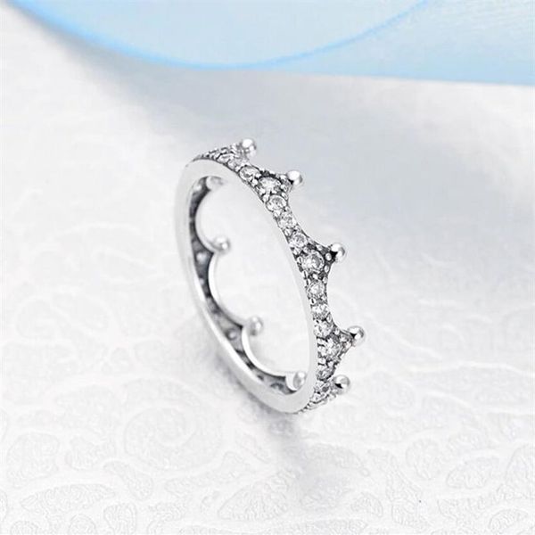 Anel de prata esterlina 925 encantado coroa clara pedras CZ ajuste pandora charme jóias noivado casamento amantes moda anel para mulheres249a