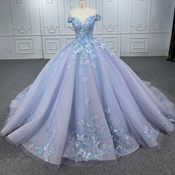 luxury Light Blue Glittering Quinceanera Dress Off Shoulder Crystal Floral Applique Bow Vestidos De 15 Anos Formal Birthday Dress