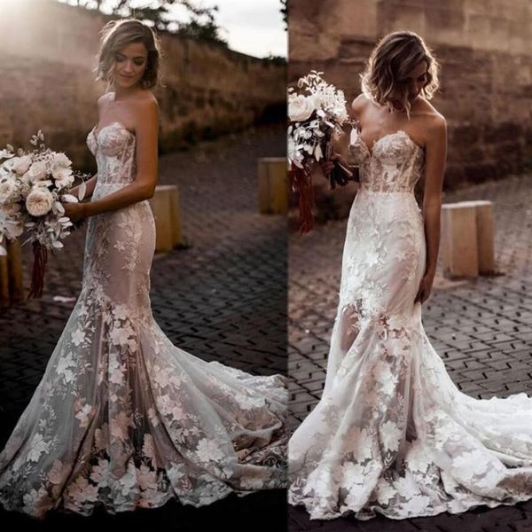 Moderne Spitze Meerjungfrau Brautkleider 2020 vestidos de novia Schatz Ausschnitt Illusion Ärmellose Sexy Brautkleider Appliques273V