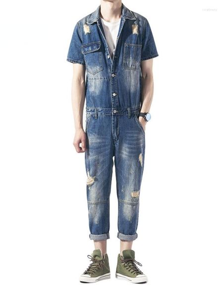 Herren-Jeans, Sommer, perforiertes Denim, einteilig, kurzärmelig, Hose, lässig, bequem, groß, entspannt, modisch, vielseitig