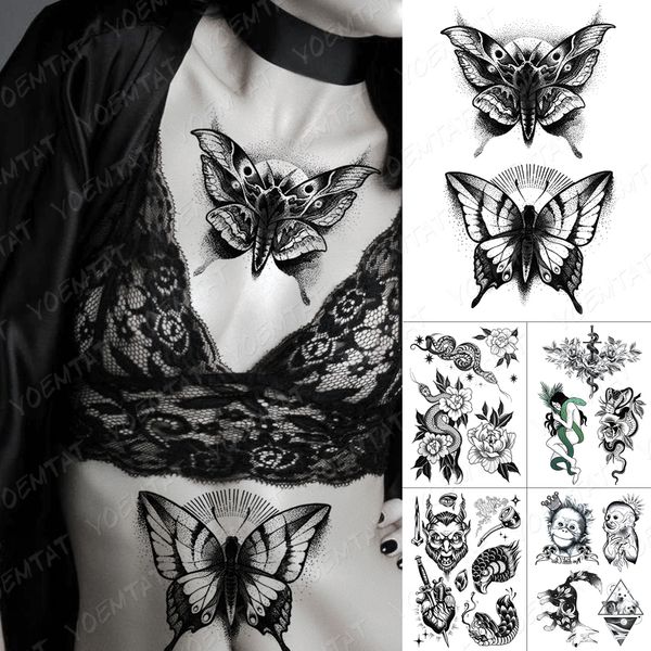 Wasserdicht Temporäre Tätowierung Aufkleber Dark Old School Motte Schmetterling Flash Tattoos Schlange Rose Körper Kunst Arm Gefälschte Tatoo Frauen Männer