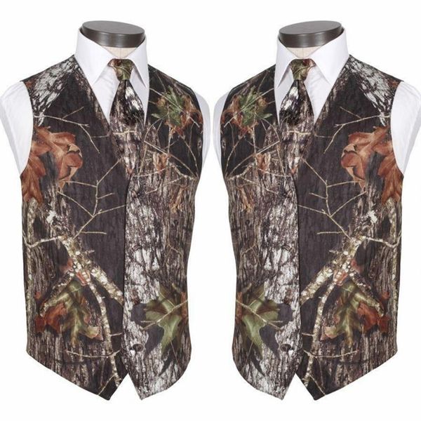 Custom Made Modest Camo Groom Gilet Gilet da sposa rustico Tronco d'albero Foglie Spring Camouflage Slim Fit Gilet da uomo 2 pezzi Set 278H