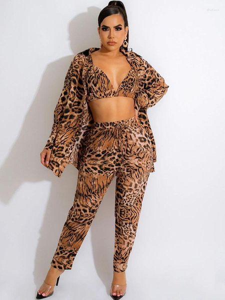 Kadınlar İki Parçası Pantolon Zincir Çita Leopar Baskı Kadınları 3 Kıyafet Eşleşen Setler Uzun Kollu Gömlek Üst Sütyen Kurşun Kalem Gece Kulübü Kıyafet