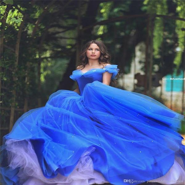 2021 Удивительные королевские голубые органза Бальное платье Cinderella Quinceanera платья бисера