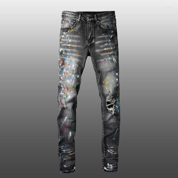 Jeans da uomo AM Pantaloni di marca Old Wash Water Stretch Jean Pantaloni skinny Retro Splash Ink Patch Biker Streetwear Pantaloni in denim strappato