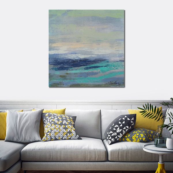 Pintura a óleo de paisagem marinha abstrata feita à mão em tela azul-petróleo com textura para arte de parede de sala de estar